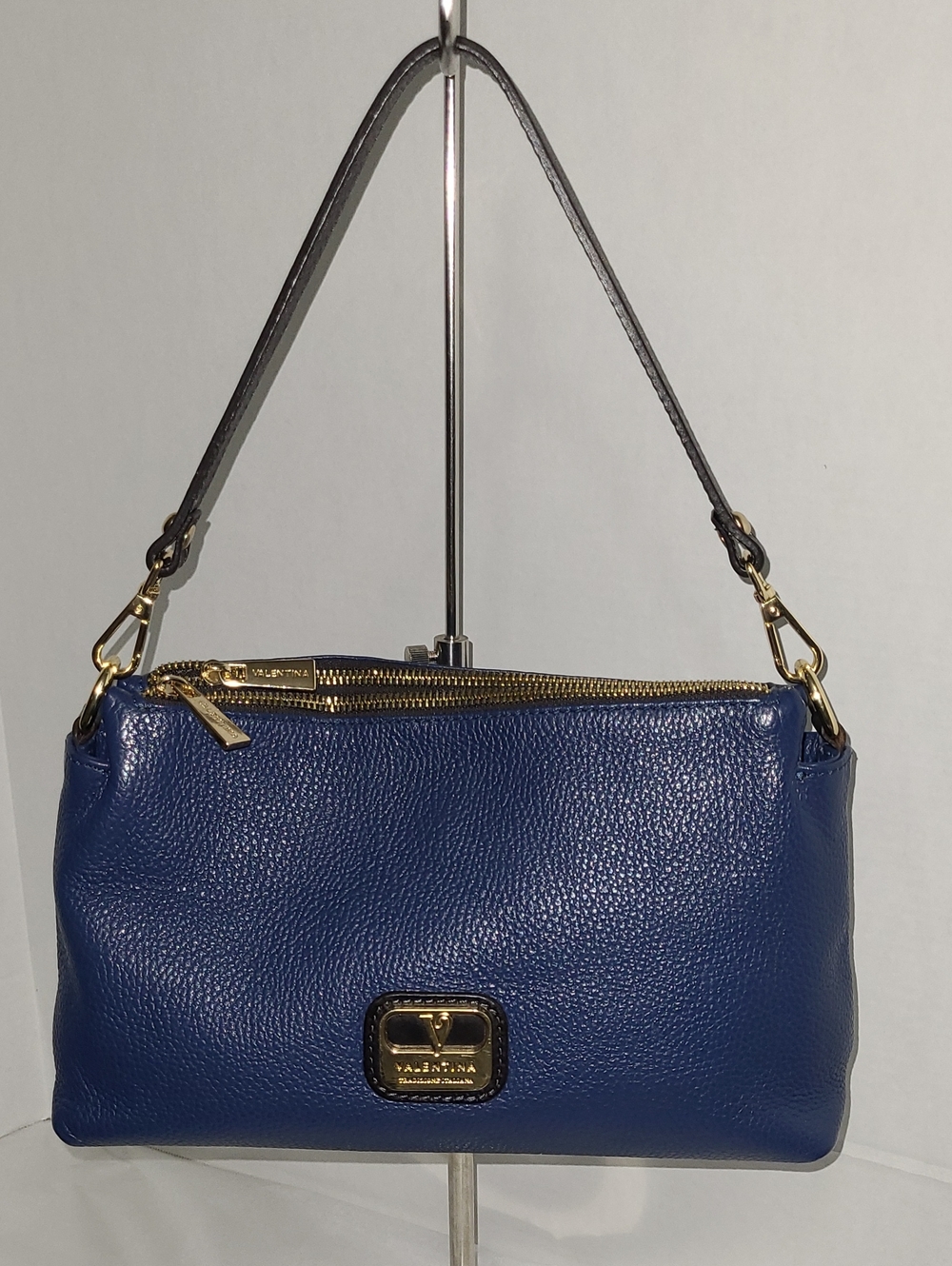 Valentina Navy Blue Leather Shoulder Bag with Gold Hardware